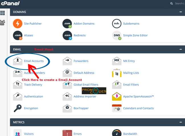Find Email Accounts Tab in Cpanel Web hosting