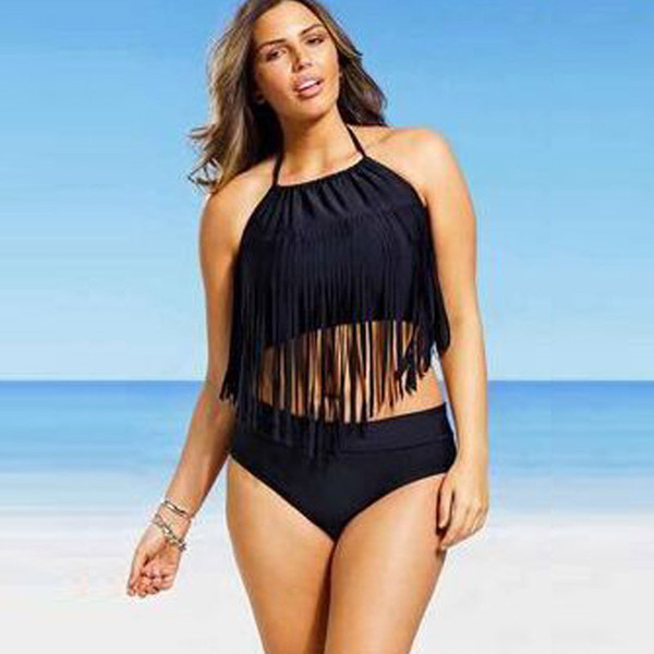Sexy plus size swimwear women thong swimsuits black swimsuit tassel fringe tankini top bikini bathing suit
